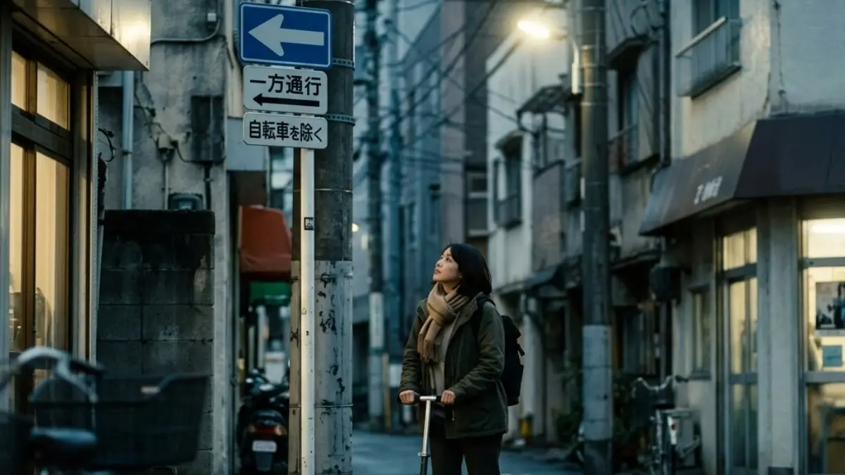 補助標識で例外を見分ける 一方通行標識に自転車を除くなどの補助標識が付いている例を確認する場面