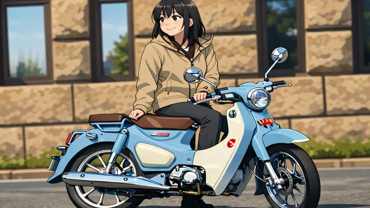 スーパーカブC125が一般道を走行する様子をアニメ風に描いたイメージ