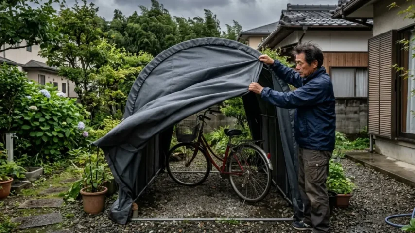 サイクルハウス台風開けておく対策として前幕を開けて風を逃がす様子