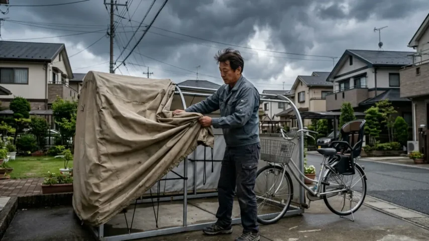 サイクルハウス台風対策としてシートを外す作業