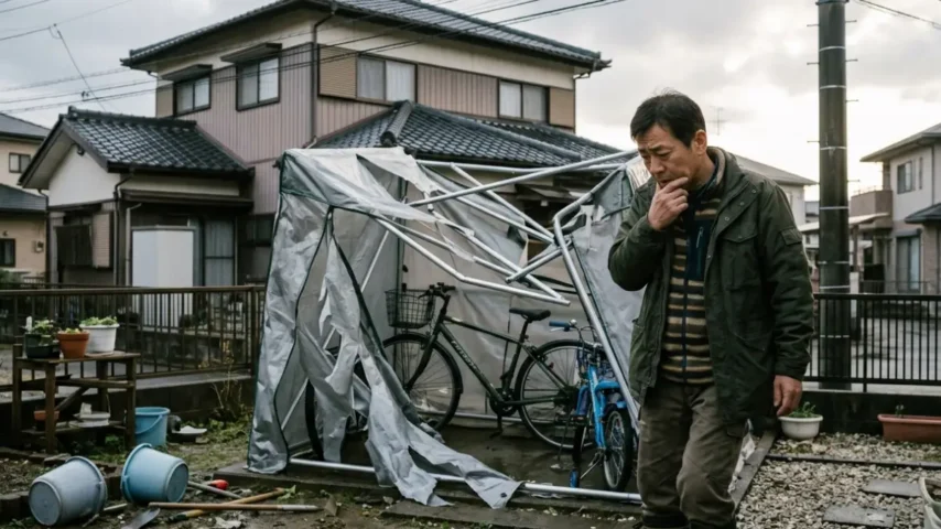 台風の強風でサイクルハウスが破損した例
