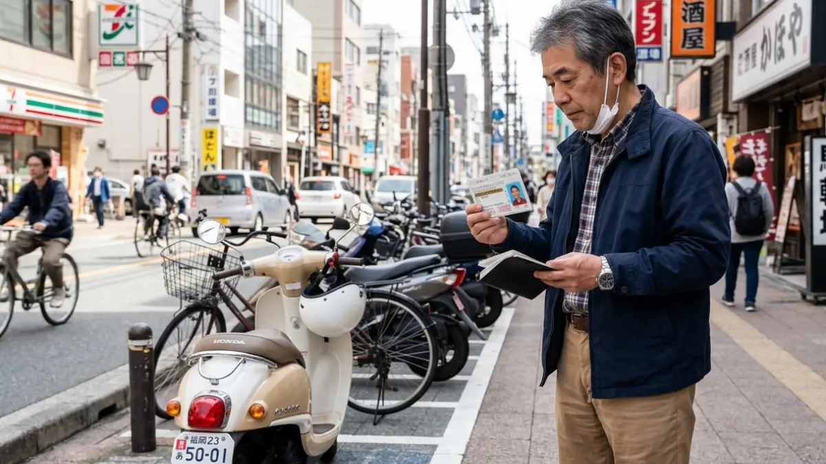 普通免許原付 乗れなくなるいつから制度を確認する男性と原付スクーター