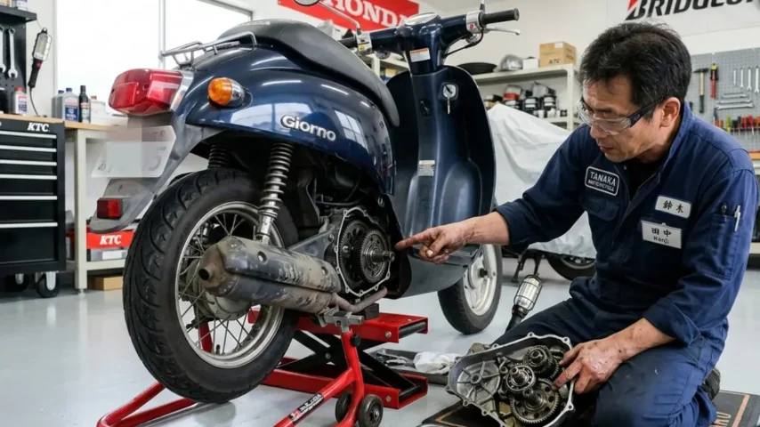 スクーターのファイナルギヤ部分を点検する日本人整備士