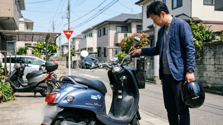 スクーターの走行距離を確認する日本人ライダー