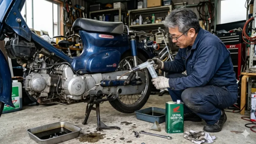 スクーターのギアオイルをDIY交換する日本人男性