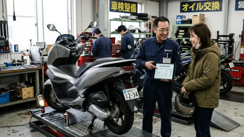 スクーター整備の費用を説明する日本人整備士