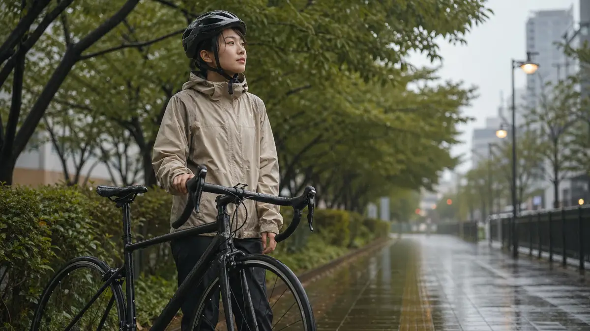 2ミリの 雨自転車で安全に判断する日本人女性とスポーツ自転車