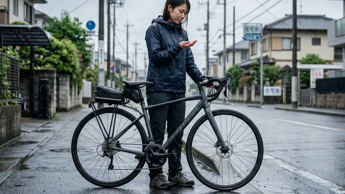 2ミリの 雨自転車で乗るか迷う日本人女性とスポーツタイプの自転車