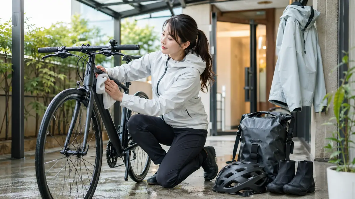 自転車 通勤 雨の日のまとめとして手入れをする日本人女性
