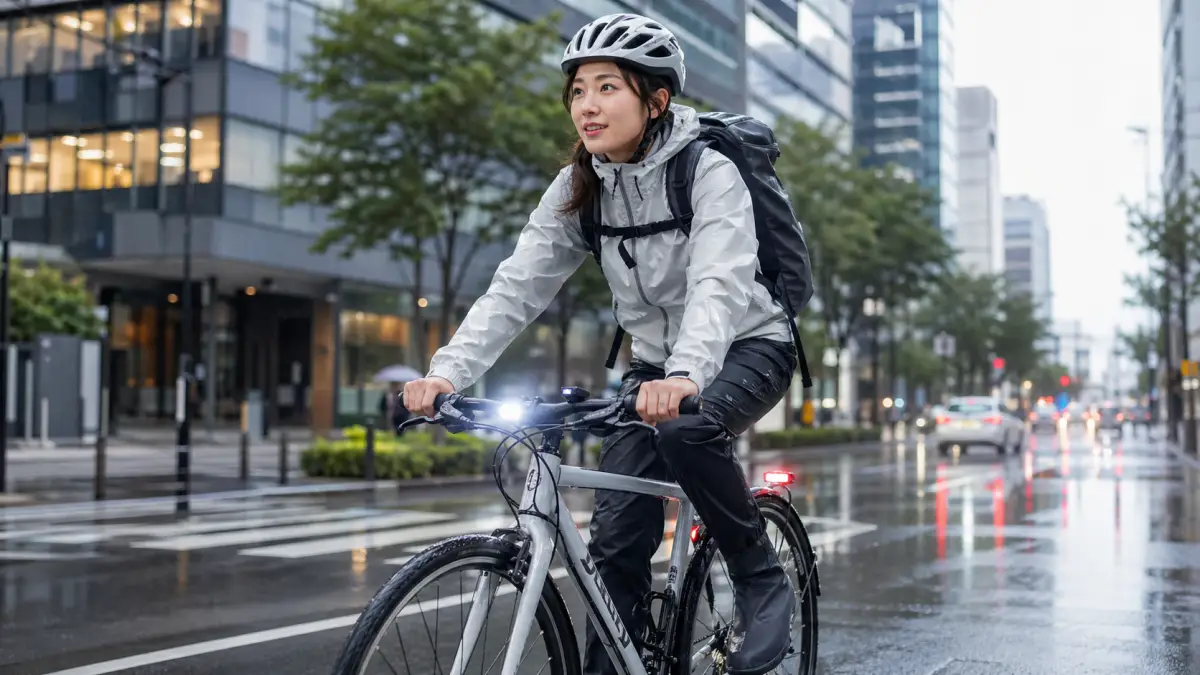 自転車 通勤 雨の日に通勤するか判断している日本人女性