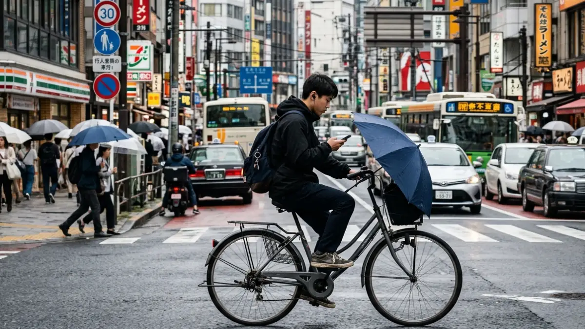 自転車の代表的な違反行為 自転車 ながらスマホ イヤホン 傘差し 違反
