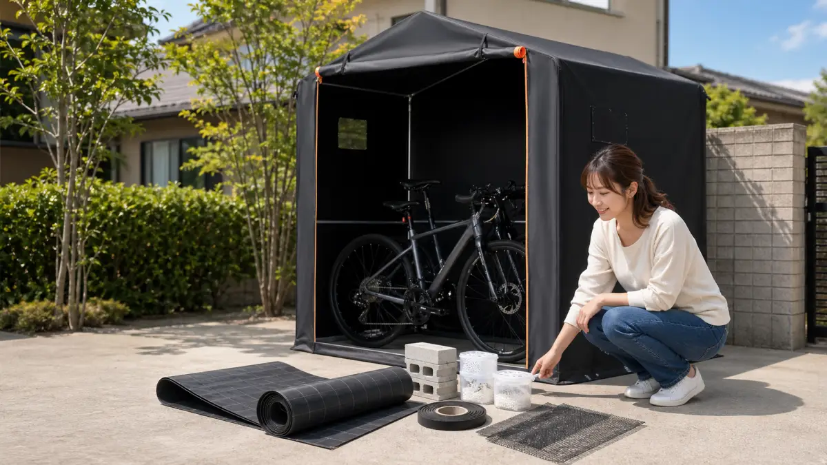 サイクルハウス虫対策の要点を確認する日本人女性と自転車収納