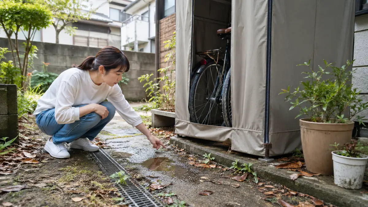 サイクルハウス虫の原因となる隙間や落ち葉や水たまりを確認する女性