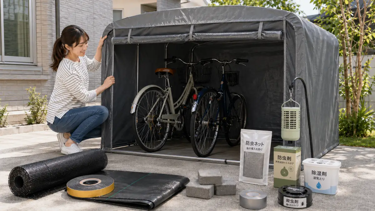 サイクルハウスの虫対策用品と自転車収納を確認する女性
