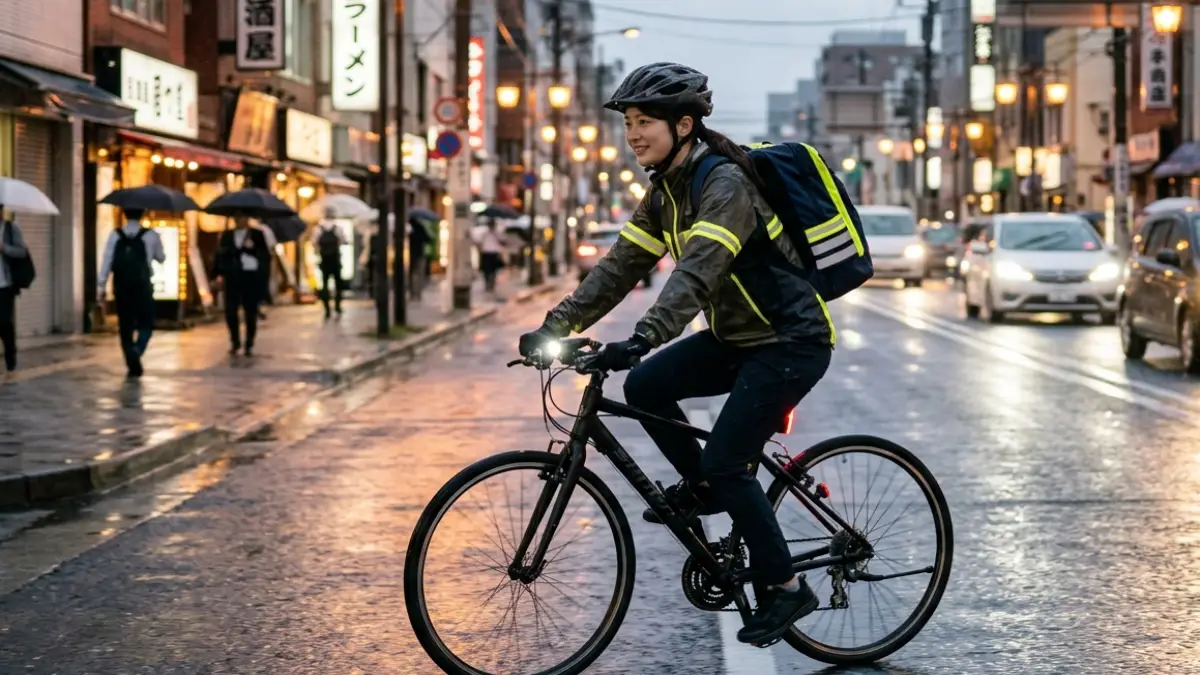 2ミリの 雨自転車でライトと反射材を使う日本人女性