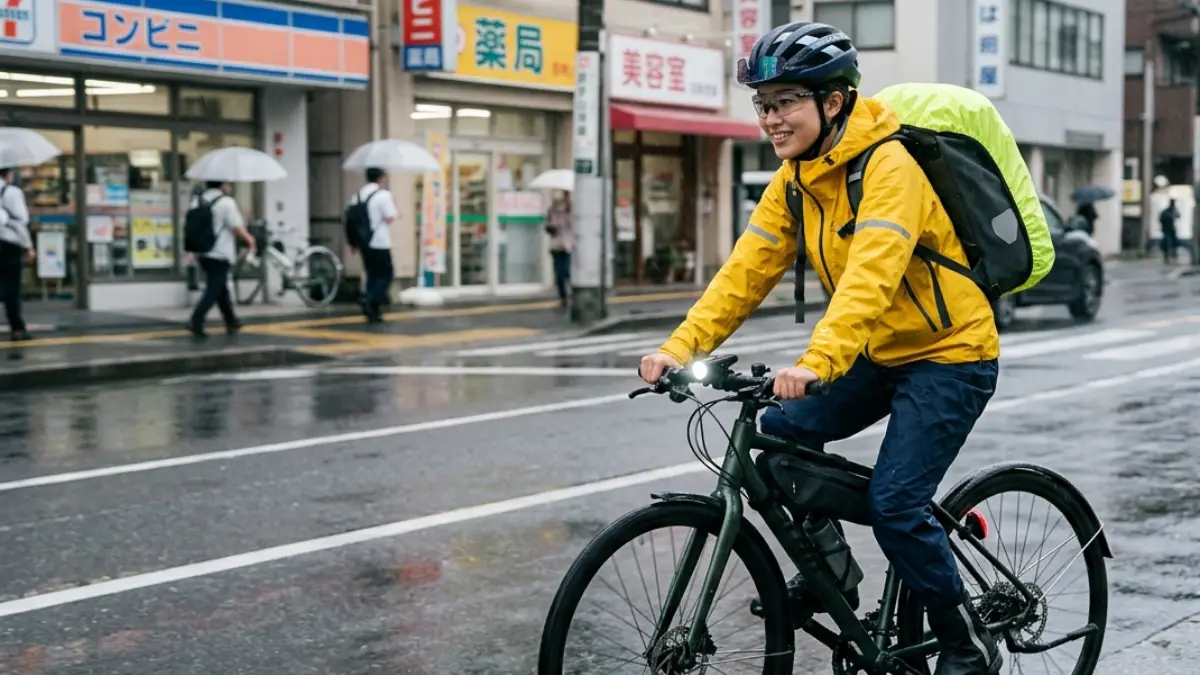 2ミリの 雨自転車で必要な服装と装備を身につけた日本人女性
