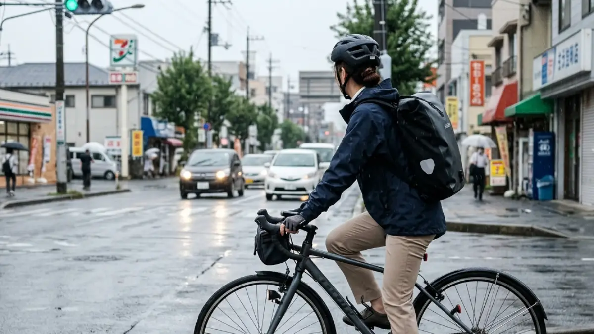 2ミリの 雨自転車で通勤する日本人女性とスポーツタイプ自転車
