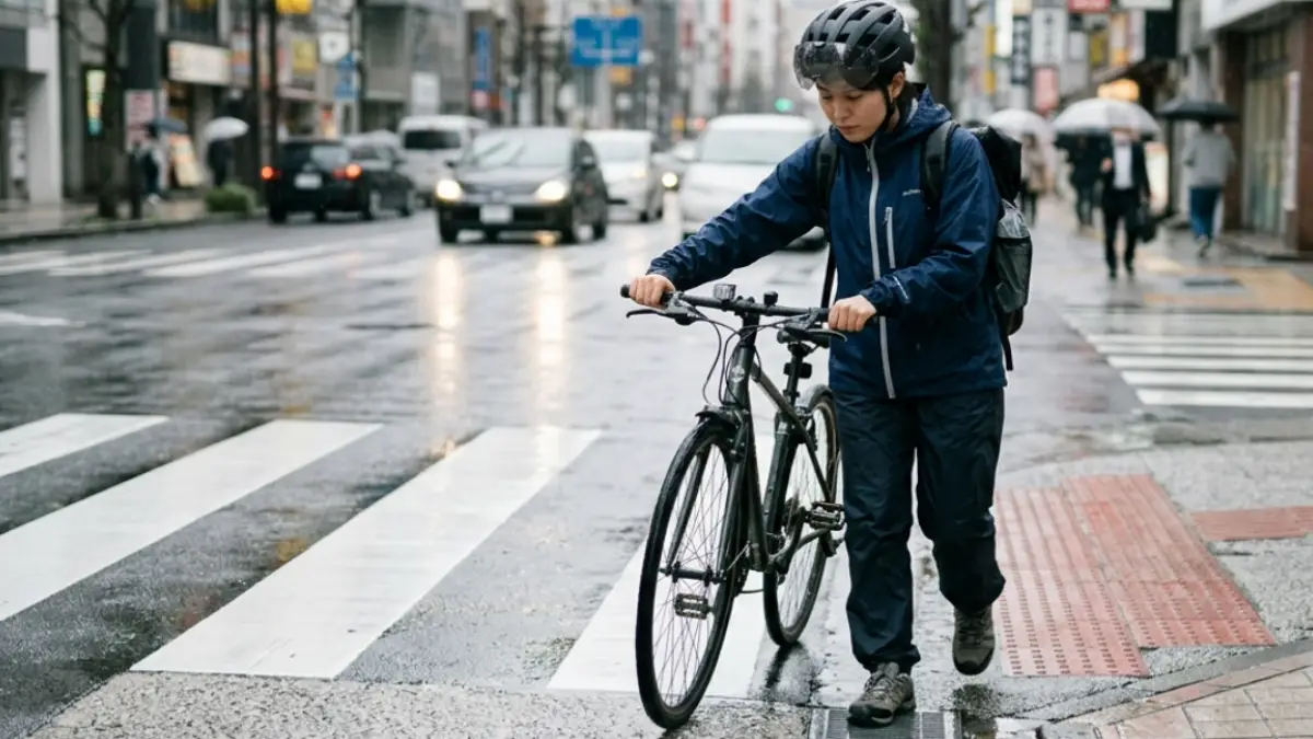 2ミリの 雨自転車で滑りやすい場所を確認する日本人女性