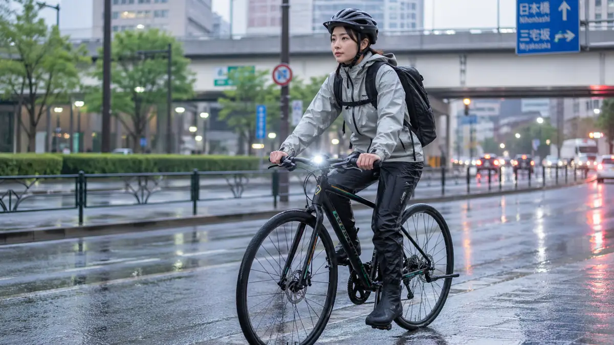 自転車 通勤 雨の日に必要なレインウェアと基本アイテムを使う日本人女性