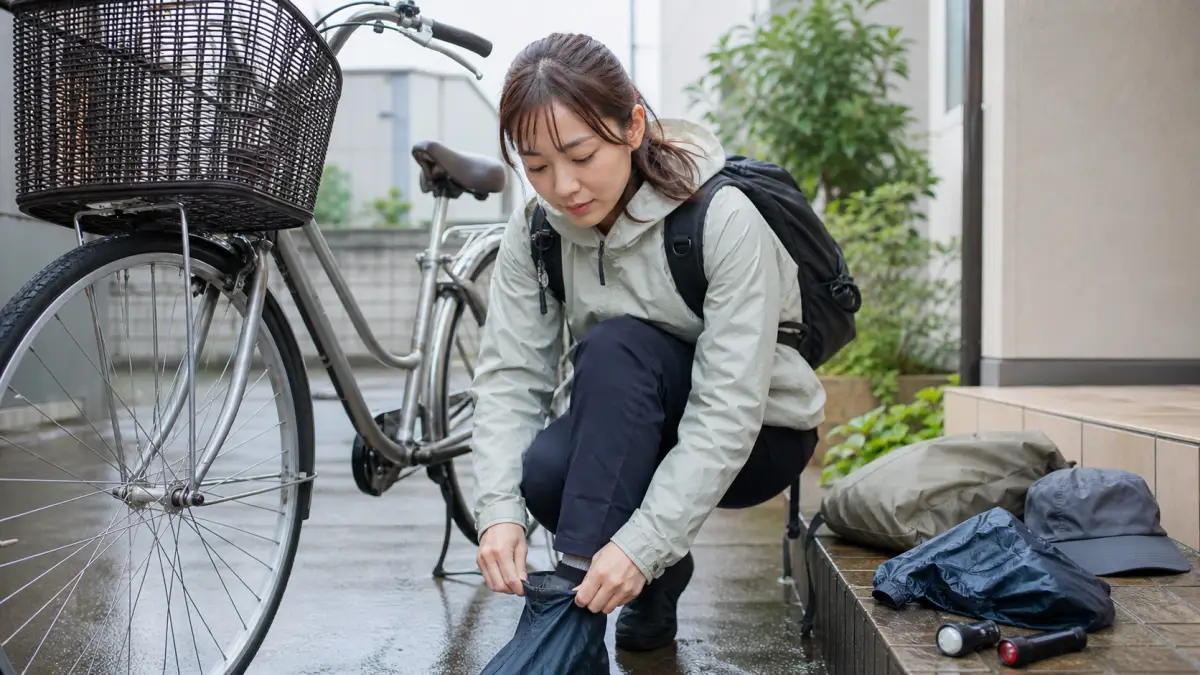 雨に強い自転車と雨の日対策アイテムのイメージ
