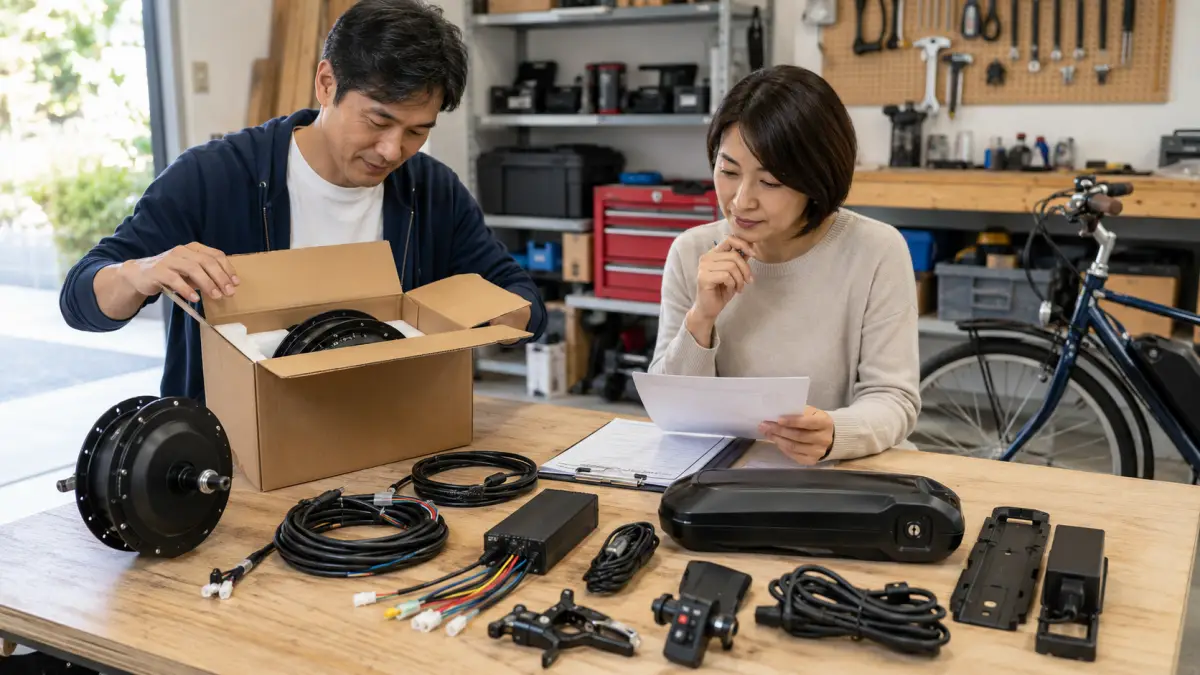 電動バイク自作キットの部品を確認する日本人男女