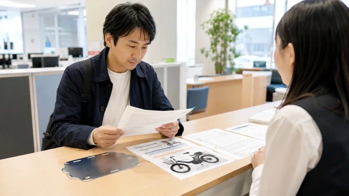 電動バイク自作の登録書類を確認する日本人男性