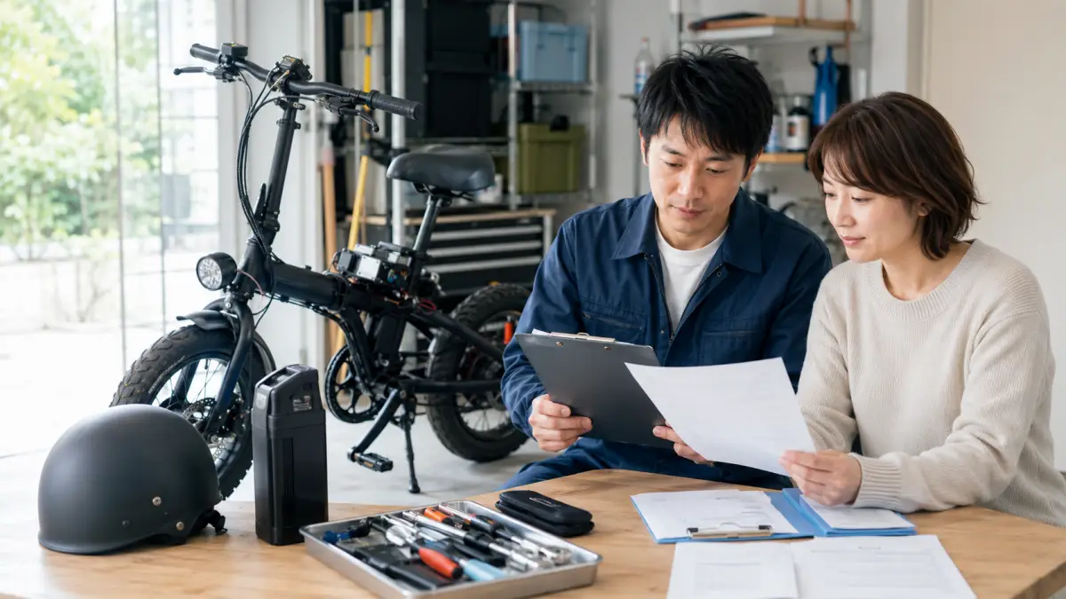 電動バイク自作の安全確認をする日本人男女