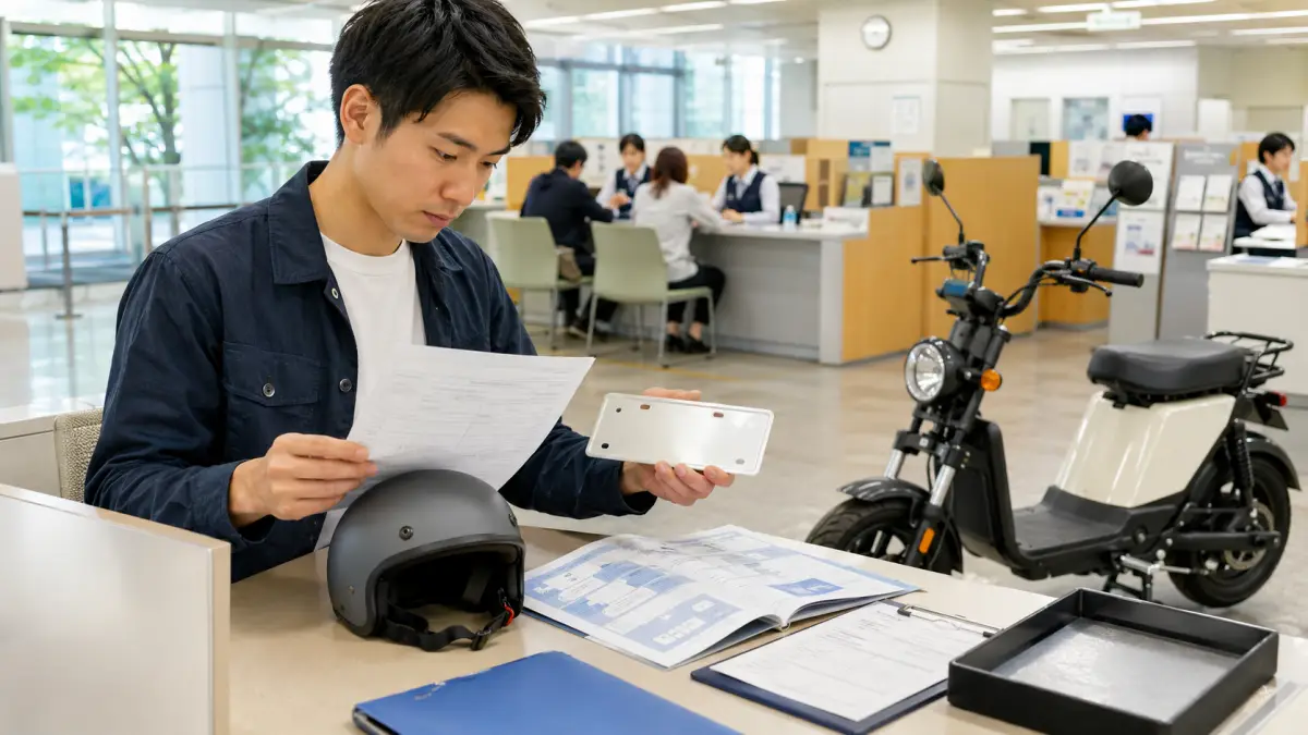 電動バイク原付二種の航続距離確認 電動バイク原付二種折りたたみの航続距離とバッテリーを確認する日本人男性