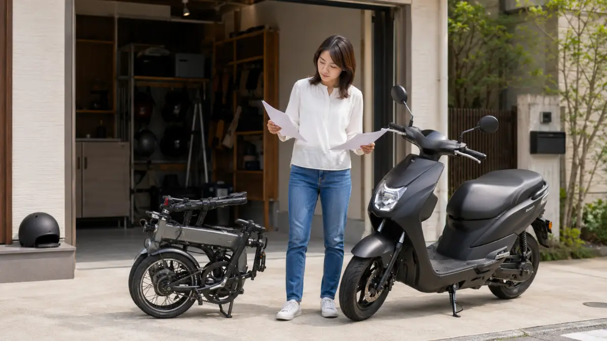 原付二種と折りたたみ機能の違い 電動バイク原付二種折りたたみの違いを確認する日本人女性