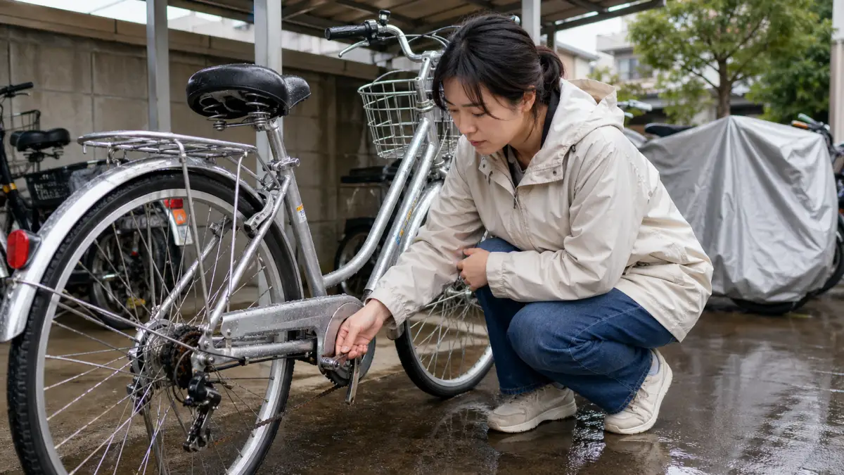 雨に強い自転車で通勤する日本人女性
