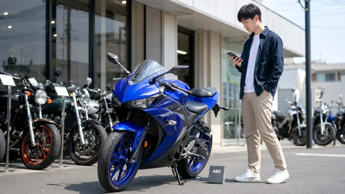 YZF-R25 中古 相場をスマホで確認しながら中古バイクを比較する日本人男性