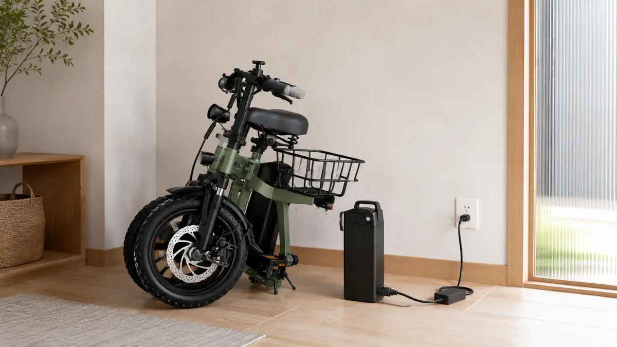 AINOHOT SAGA moの折りたたみと充電イメージ 折りたたんだAINOHOT SAGA moと取り外し式バッテリーの充電イメージ