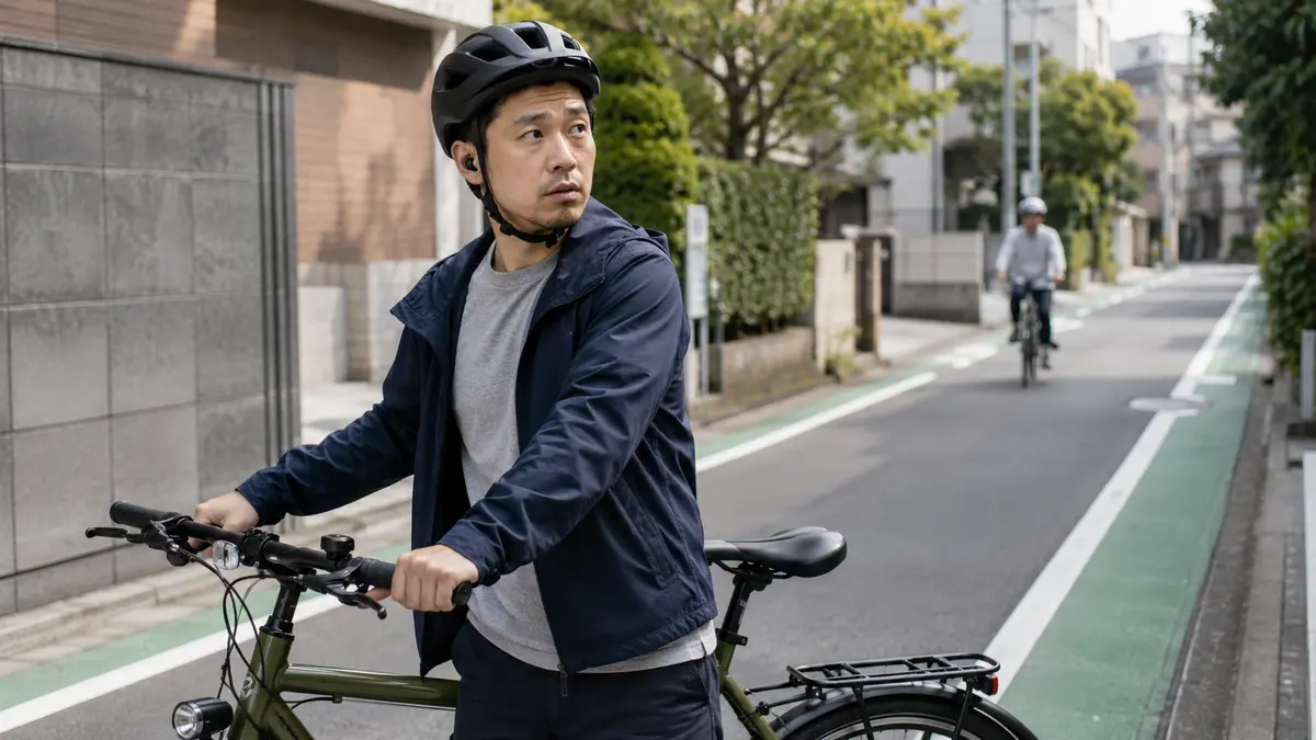 片耳イヤホンを着けて周囲の音を確認する自転車利用者