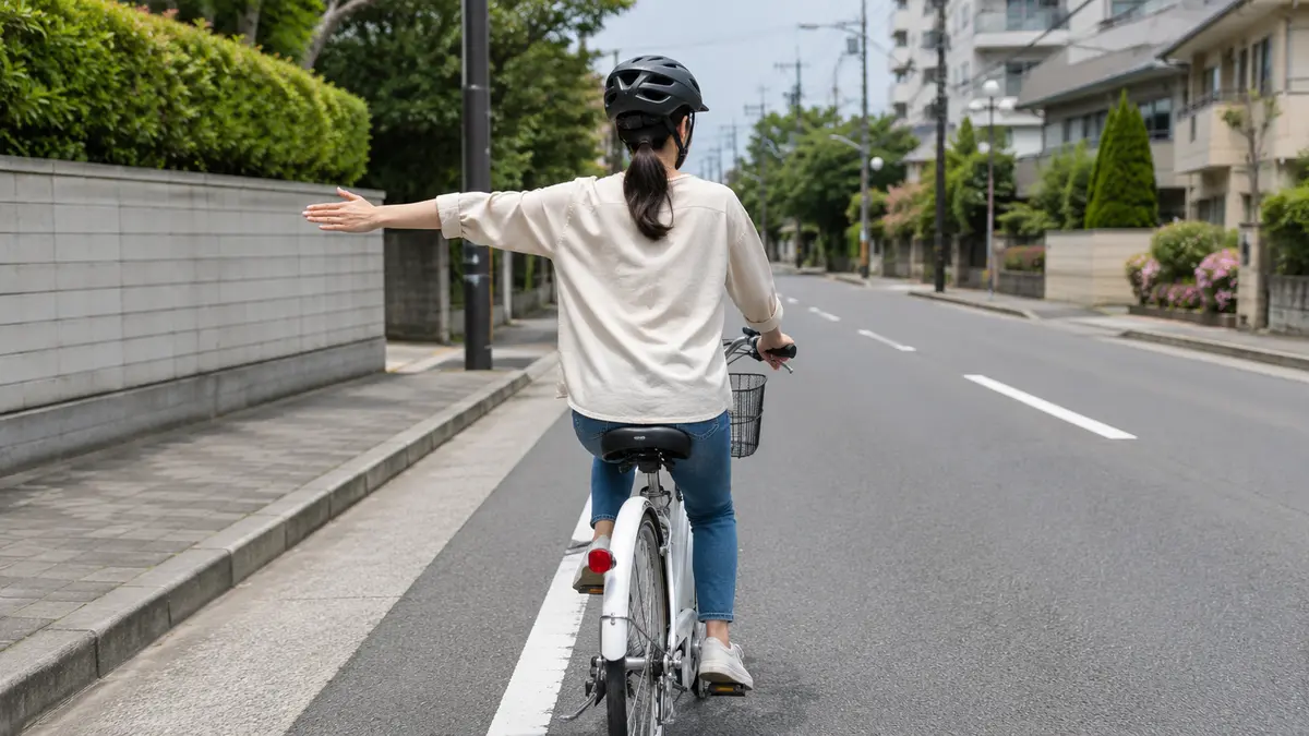自転車で左折するときの手信号 自転車の左折を左腕で知らせる手信号