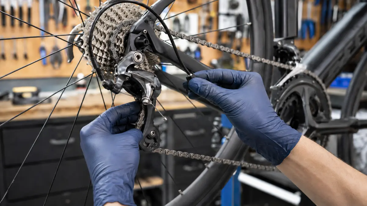 自転車のリアディレイラーと変速ワイヤーの調整 自転車のギアが変わらないときにリアディレイラーを調整する様子