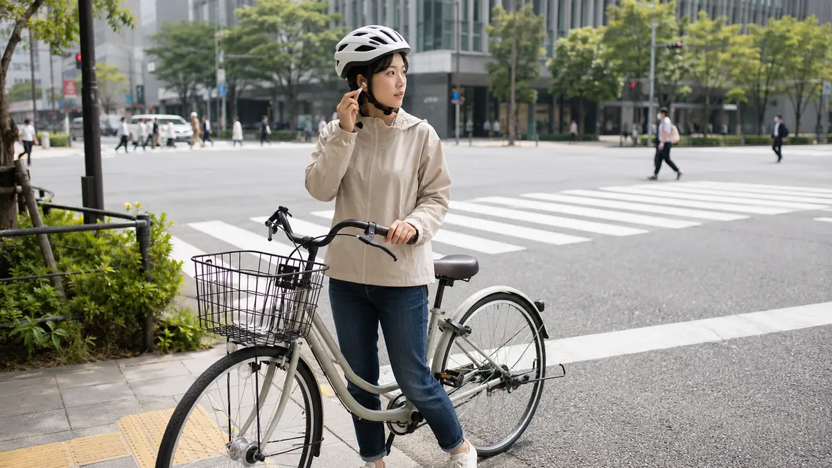 交差点で自転車を停止して片耳イヤホンを外す女性