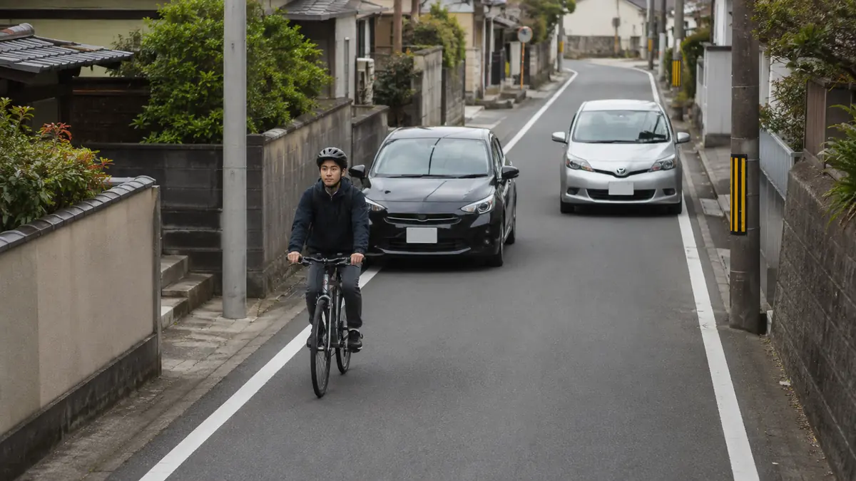 自転車を追い越す際に必要な安全な速度 自転車の追い越しルールに従い狭い道路で減速して待つ自動車