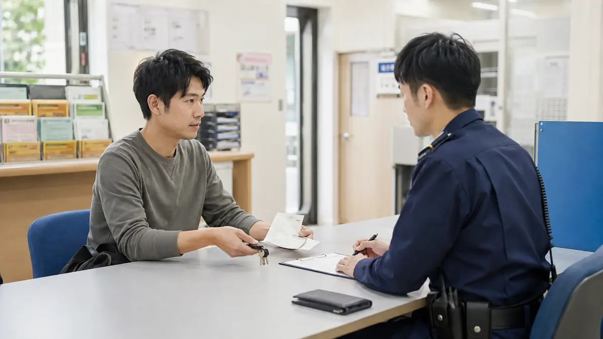 警察の相談窓口で自転車の盗難届を出す日本人男性
