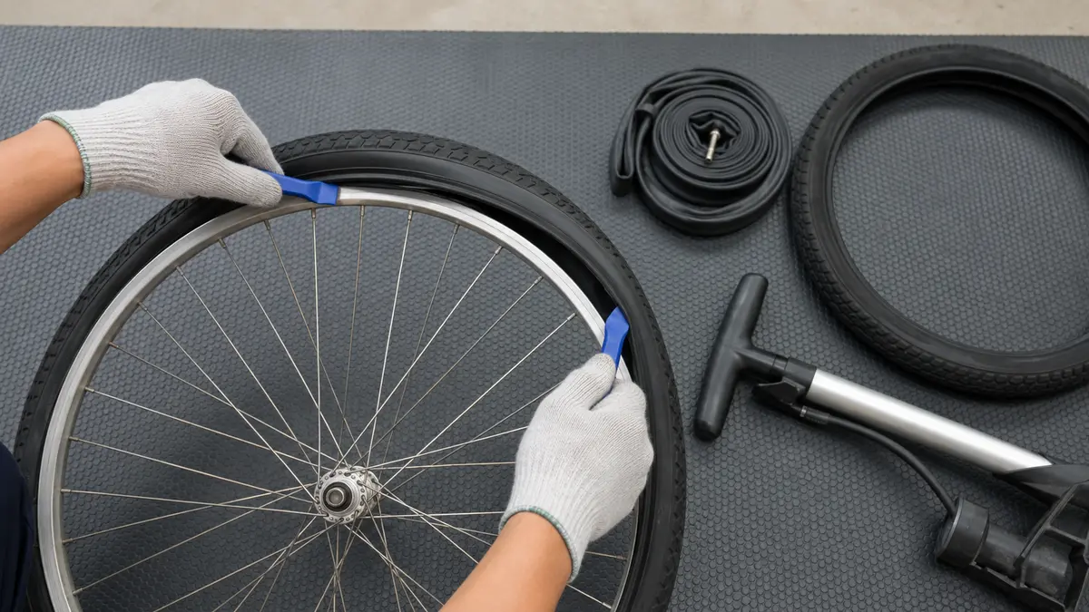 タイヤレバーを使った自転車タイヤ交換手順 プラスチック製タイヤレバーで自転車タイヤをリムから外す交換手順