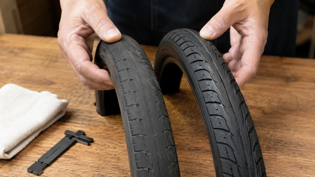 自転車タイヤの交換時期を摩耗状態で確認 摩耗した自転車タイヤと新品タイヤを比較して交換時期を確認する様子