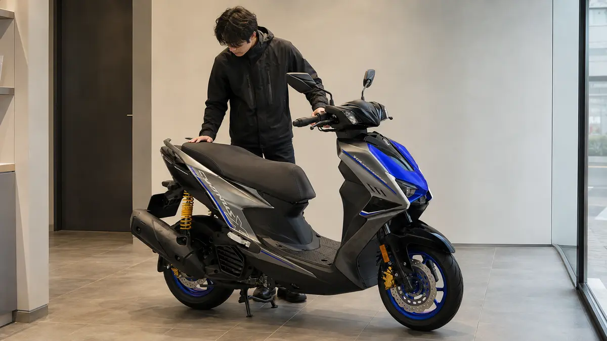 CYGNUS X SPECIAL EDITIONの車体と足つきを店頭で確認する男性