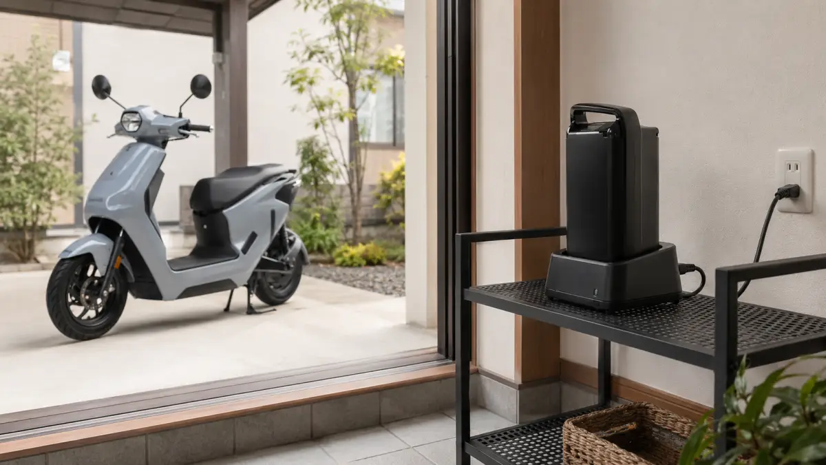 JOG Eの交換式バッテリーを自宅で充電 JOG Eから取り外した交換式バッテリーを自宅で充電する様子