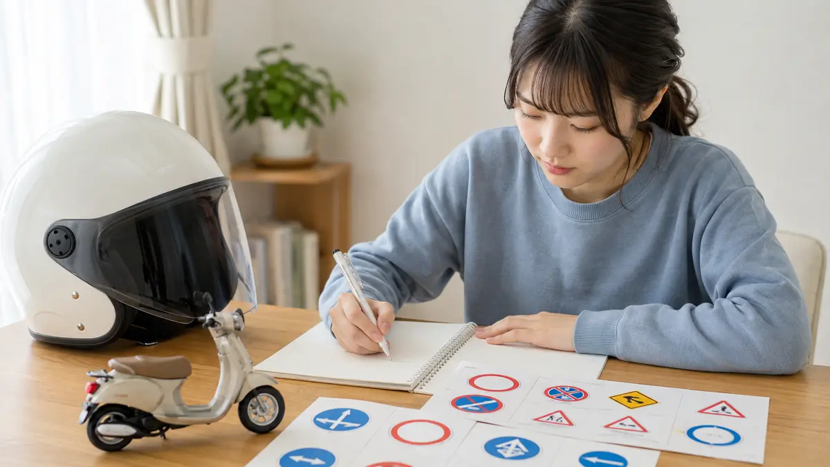 原付免許の学科試験に向けた勉強と準備 原付免許の学科試験に向けて交通ルールを勉強する女性