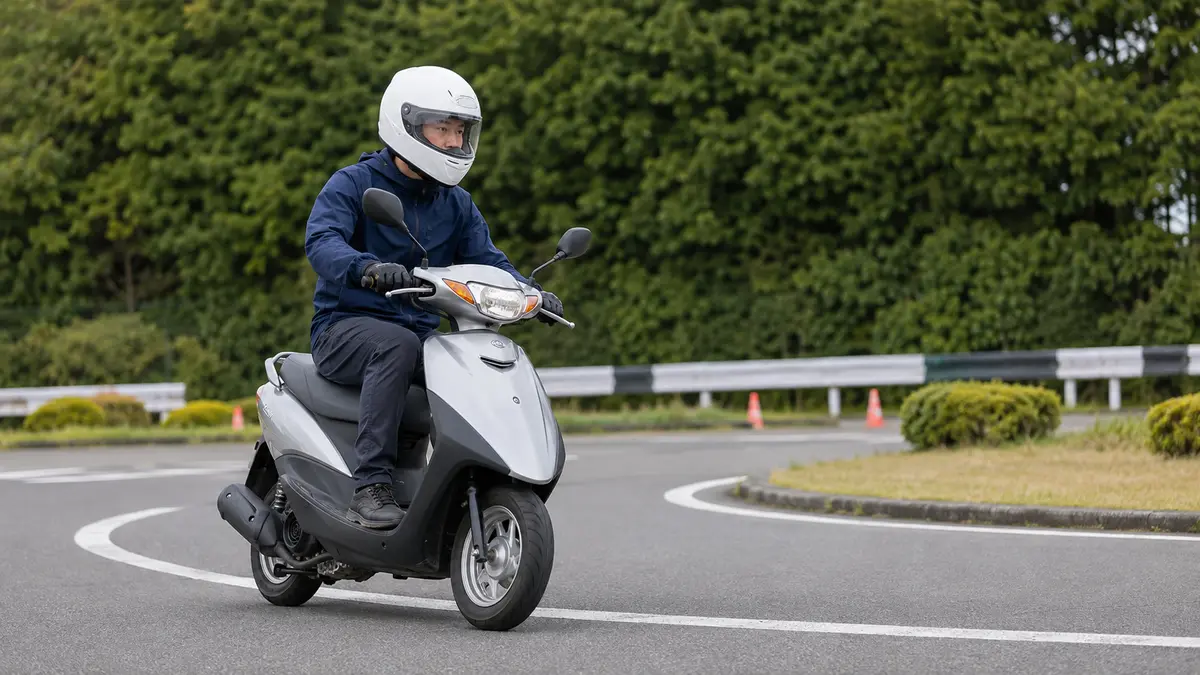 原付バイクの安全な乗り方と運転練習 教習コースで原付バイクの安全運転を練習する男性