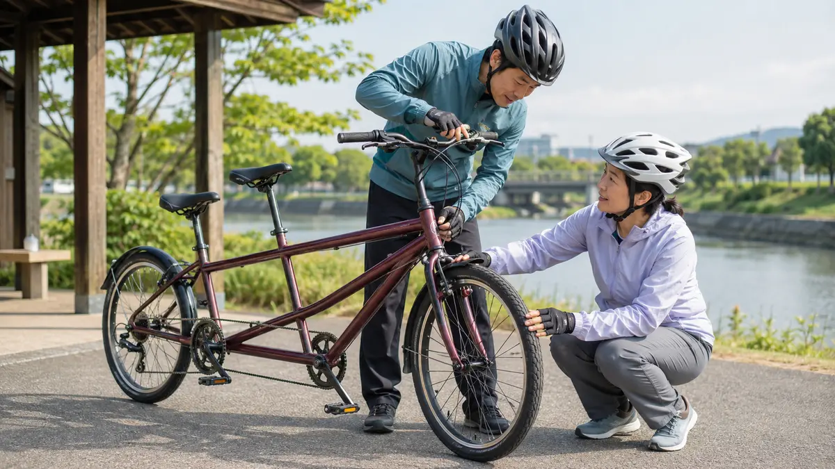 タンデム自転車の出発前安全点検 タンデム自転車のブレーキとタイヤを出発前に点検する日本人の大人2人