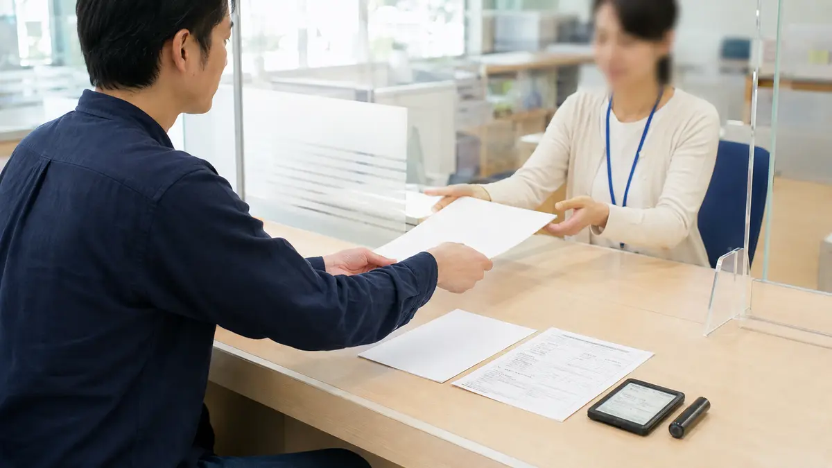 市区町村役場で特定小型原付の登録書類を提出する日本人男性