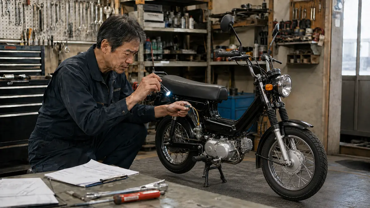 中古モペットの燃料系統を点検 整備士が中古モペットのガソリンタンクと燃料系統を点検する様子