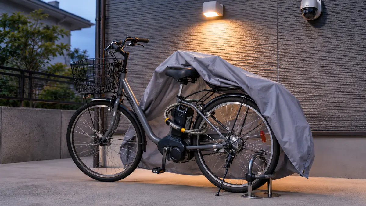 ワイヤーロック・固定アンカー・自転車カバー・センサーライト・防犯カメラを併用した電動自転車