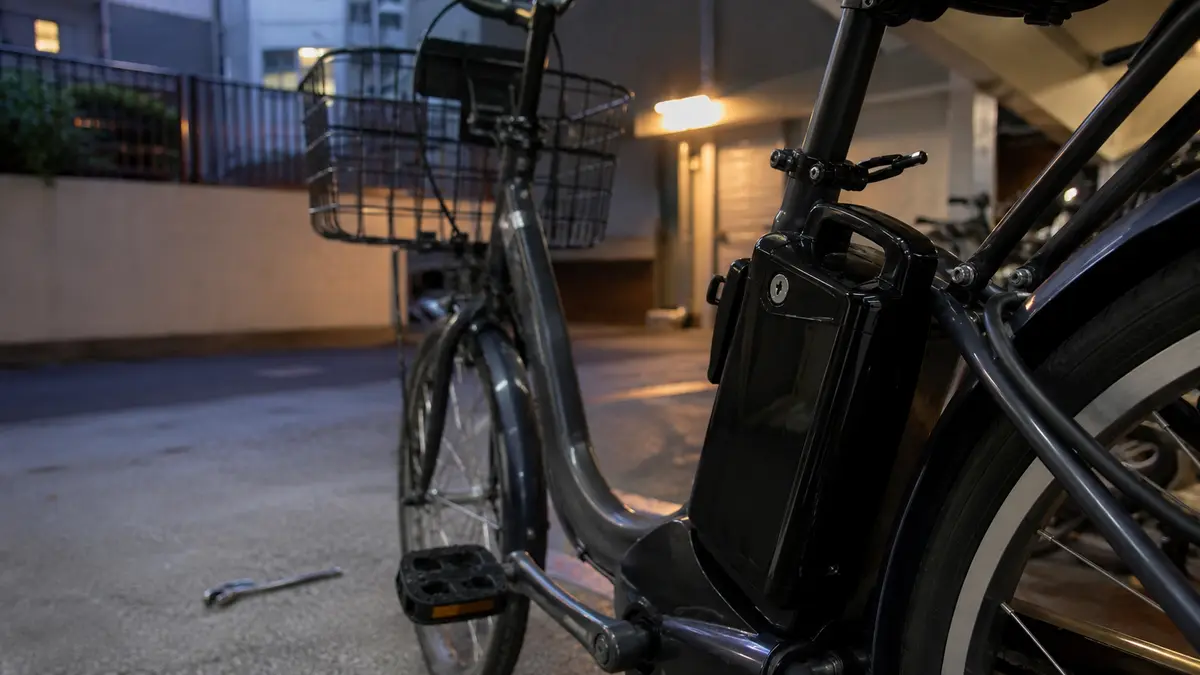 夜の共用駐輪場で純正ロックだけが付いた電動自転車のバッテリー