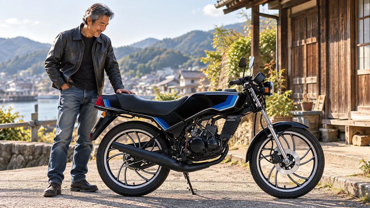 昭和バイク RZ50 初期型を見つめる日本人男性のイメージ